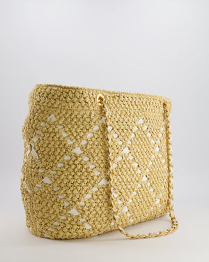 *HOT* Chanel Cruise 2025/26 Large Tote Bag in Woven Beige Raffia and White Grosgrain Ribbon with Brushed Gold Hardware