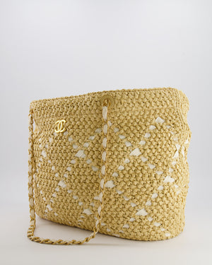 *HOT* Chanel Cruise 2025/26 Large Tote Bag in Woven Beige Raffia and White Grosgrain Ribbon with Brushed Gold Hardware