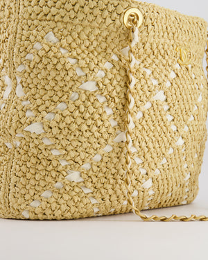 *HOT* Chanel Cruise 2025/26 Large Tote Bag in Woven Beige Raffia and White Grosgrain Ribbon with Brushed Gold Hardware