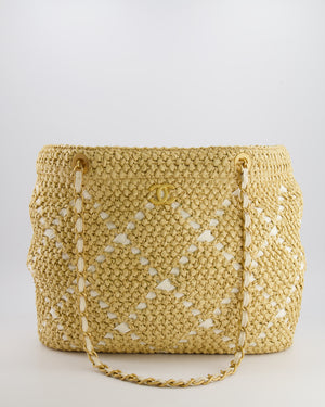 *HOT* Chanel Cruise 2025/26 Large Tote Bag in Woven Beige Raffia and White Grosgrain Ribbon with Brushed Gold Hardware