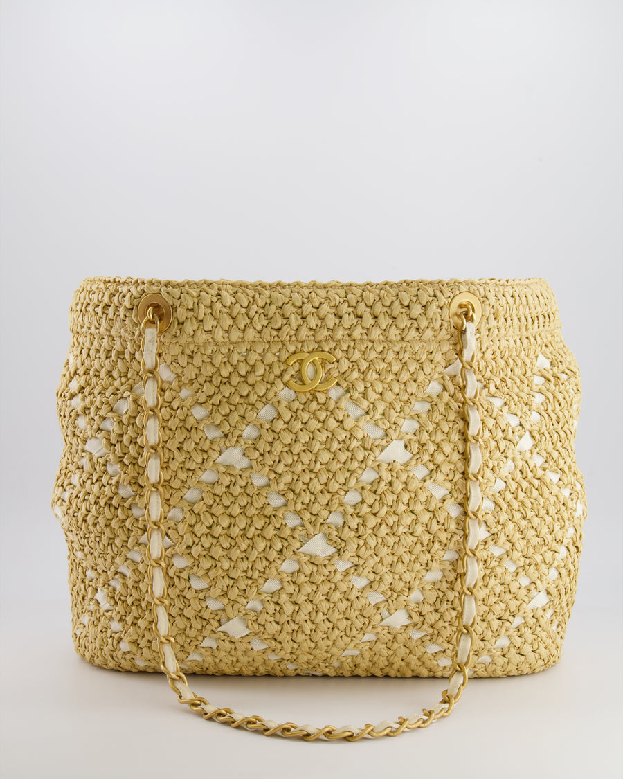 *HOT* Chanel Cruise 2025/26 Large Tote Bag in Woven Beige Raffia and White Grosgrain Ribbon with Brushed Gold Hardware