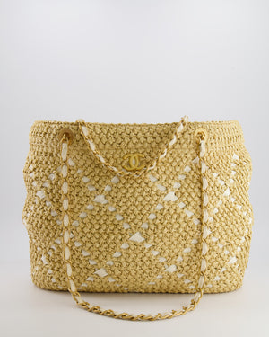 *HOT* Chanel Cruise 2025/26 Large Tote Bag in Woven Beige Raffia and White Grosgrain Ribbon with Brushed Gold Hardware