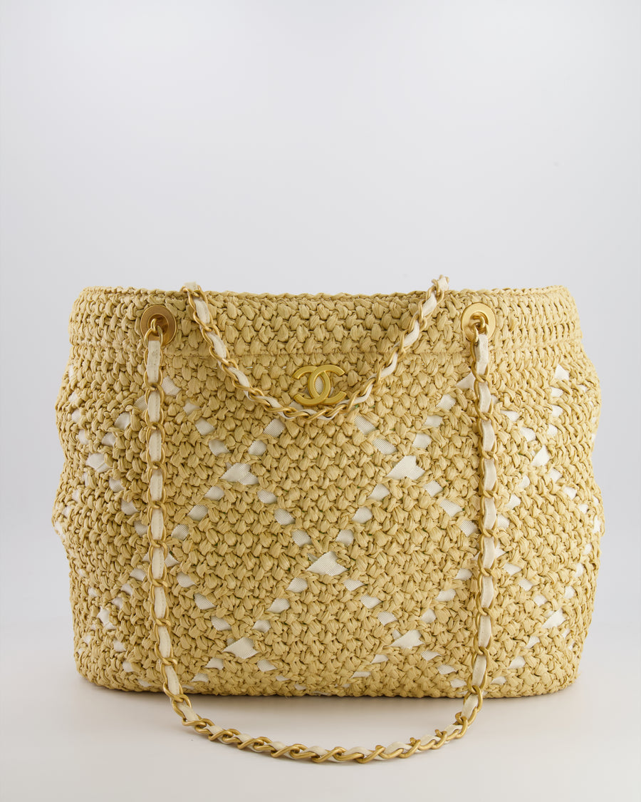 *HOT* Chanel Cruise 2025/26 Large Tote Bag in Woven Beige Raffia and White Grosgrain Ribbon with Brushed Gold Hardware