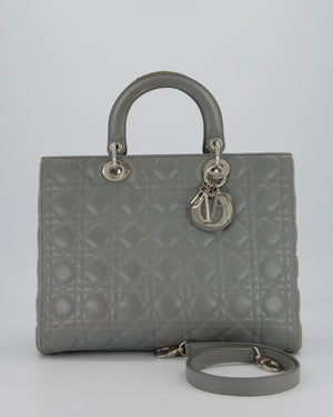 Christian Dior Grey Large Lady Dior Bag in Cannage Leather with Silver Hardware