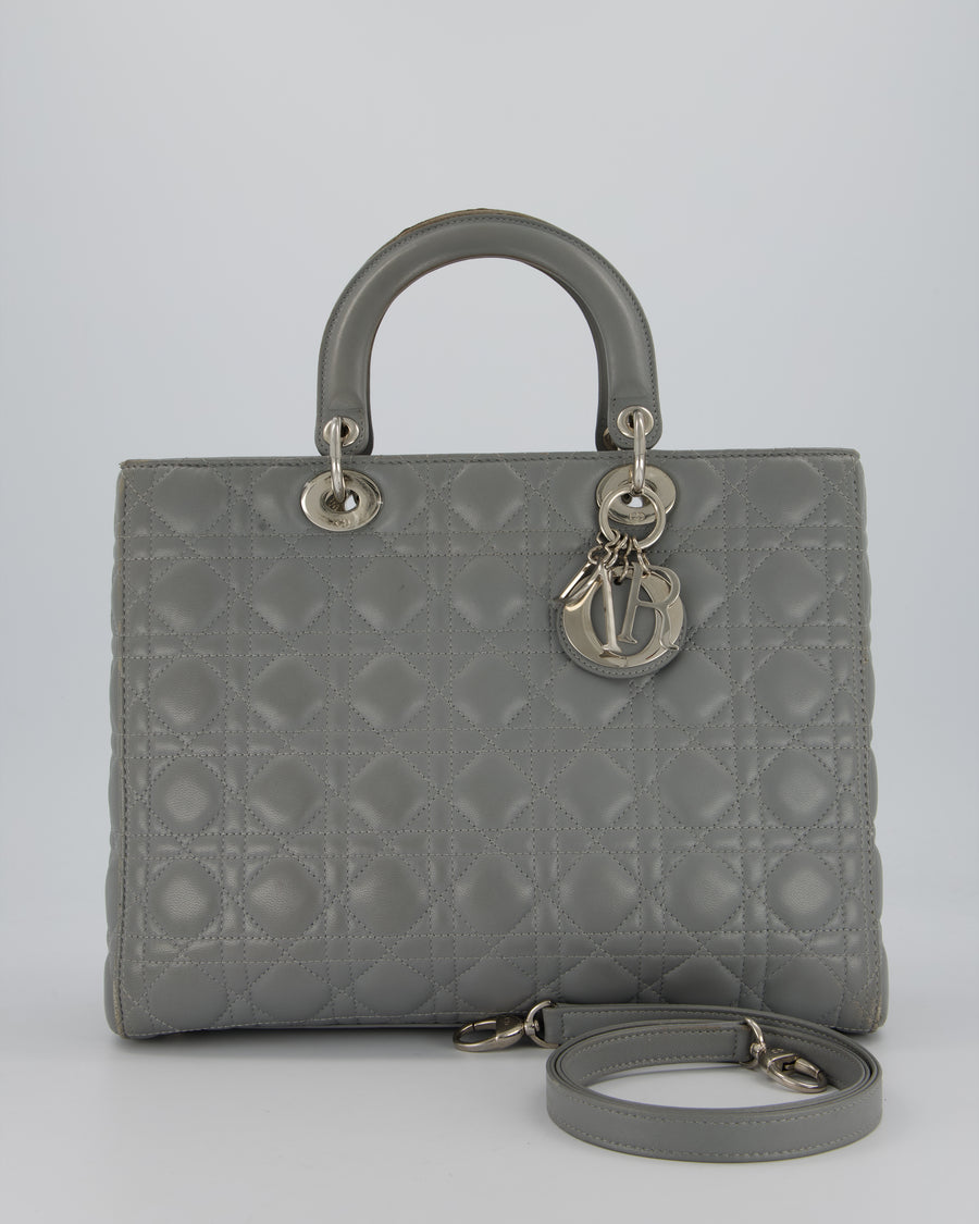 Christian Dior Grey Large Lady Dior Bag in Cannage Leather with Silver Hardware