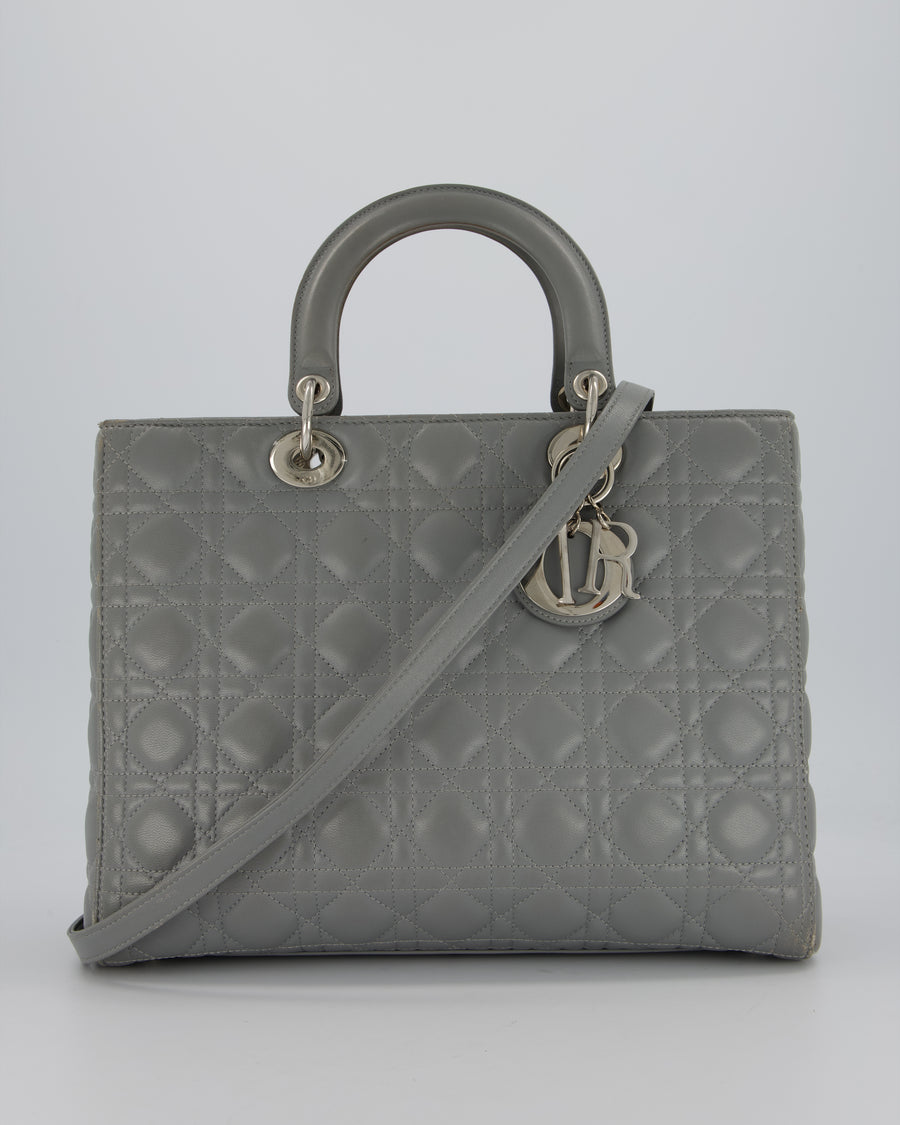 Christian Dior Grey Large Lady Dior Bag in Cannage Leather with Silver Hardware