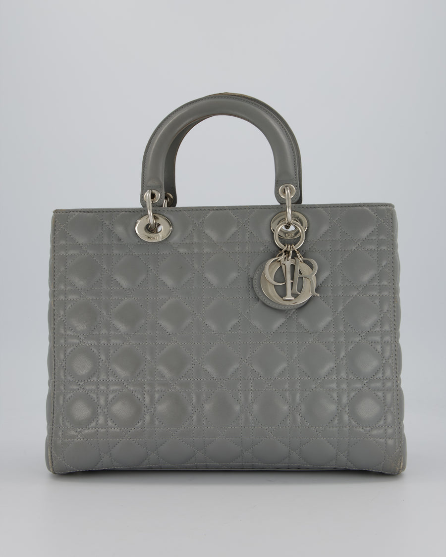 Christian Dior Grey Large Lady Dior Bag in Cannage Leather with Silver Hardware