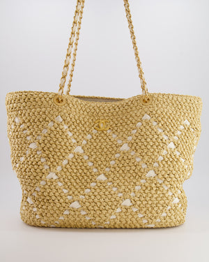 *HOT* Chanel Cruise 2025/26 Large Tote Bag in Woven Beige Raffia and White Grosgrain Ribbon with Brushed Gold Hardware