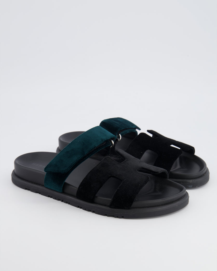 Hermès Chypre Sandals in Noir and Vert Mousse Velvet Size EU 37.5