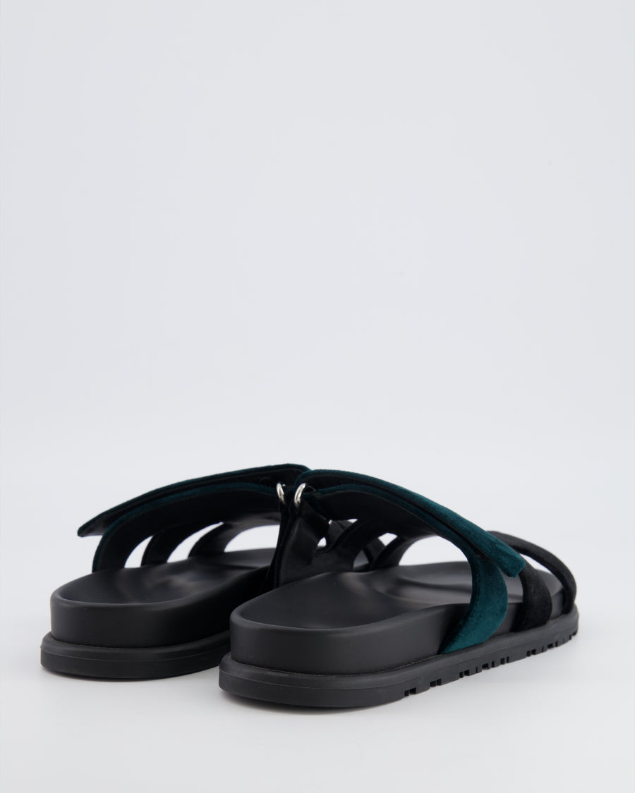 Hermès Chypre Sandals in Noir and Vert Mousse Velvet Size EU 37.5