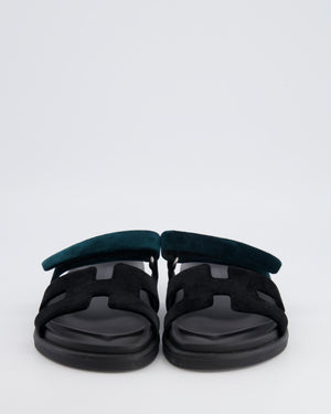 Hermès Chypre Sandals in Noir and Vert Mousse Velvet Size EU 37.5