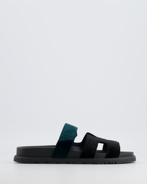 Hermès Chypre Sandals in Noir and Vert Mousse Velvet Size EU 37.5