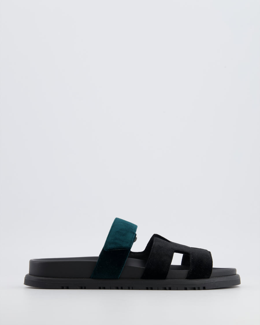 Hermès Chypre Sandals in Noir and Vert Mousse Velvet Size EU 37.5