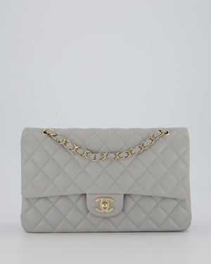 Chanel Light Grey Medium Classic Double Flap Bag in Caviar Leather with Champagne Gold Hardware