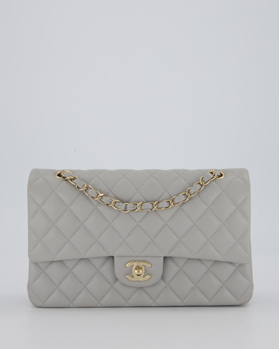 Chanel Light Grey Medium Classic Double Flap Bag in Caviar Leather with Champagne Gold Hardware