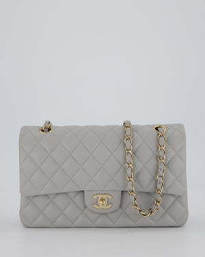 Chanel Light Grey Medium Classic Double Flap Bag in Caviar Leather with Champagne Gold Hardware
