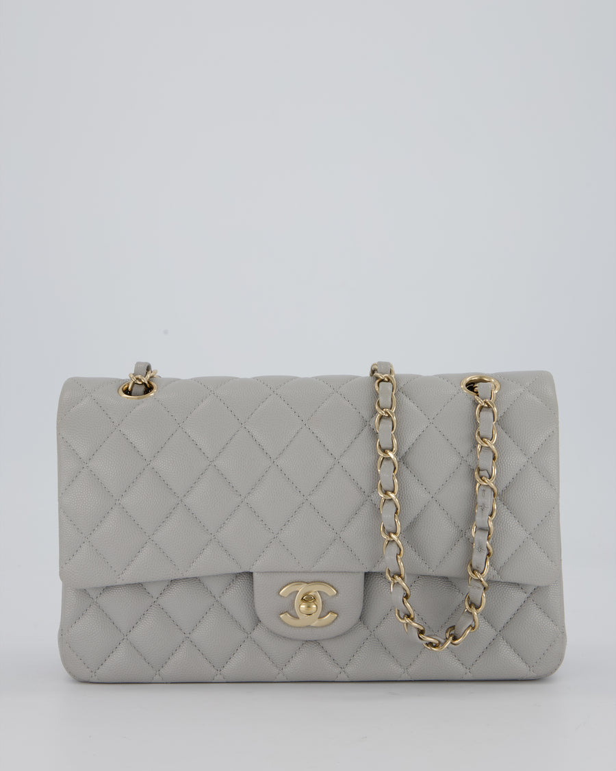 Chanel Light Grey Medium Classic Double Flap Bag in Caviar Leather with Champagne Gold Hardware
