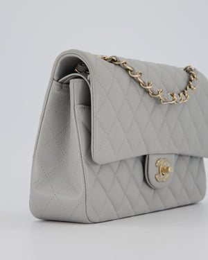 Chanel Light Grey Medium Classic Double Flap Bag in Caviar Leather with Champagne Gold Hardware