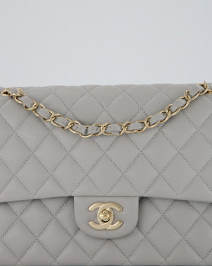 Chanel Light Grey Medium Classic Double Flap Bag in Caviar Leather with Champagne Gold Hardware