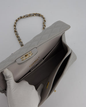 Chanel Light Grey Medium Classic Double Flap Bag in Caviar Leather with Champagne Gold Hardware