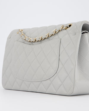 Chanel Light Grey Medium Classic Double Flap Bag in Caviar Leather with Champagne Gold Hardware
