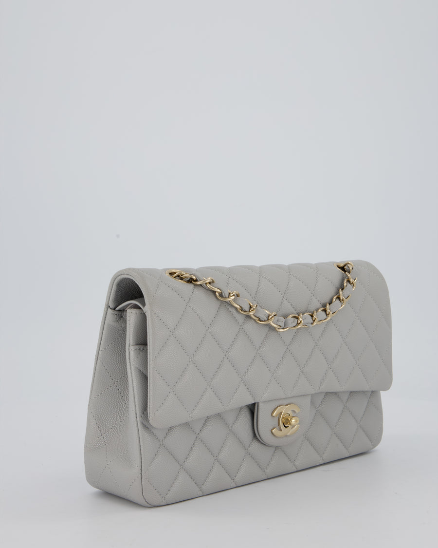 Chanel Light Grey Medium Classic Double Flap Bag in Caviar Leather with Champagne Gold Hardware