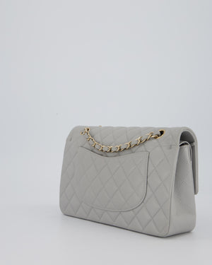 Chanel Light Grey Medium Classic Double Flap Bag in Caviar Leather with Champagne Gold Hardware