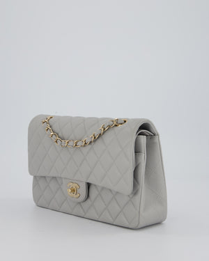 Chanel Light Grey Medium Classic Double Flap Bag in Caviar Leather with Champagne Gold Hardware