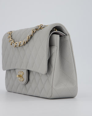 Chanel Light Grey Medium Classic Double Flap Bag in Caviar Leather with Champagne Gold Hardware