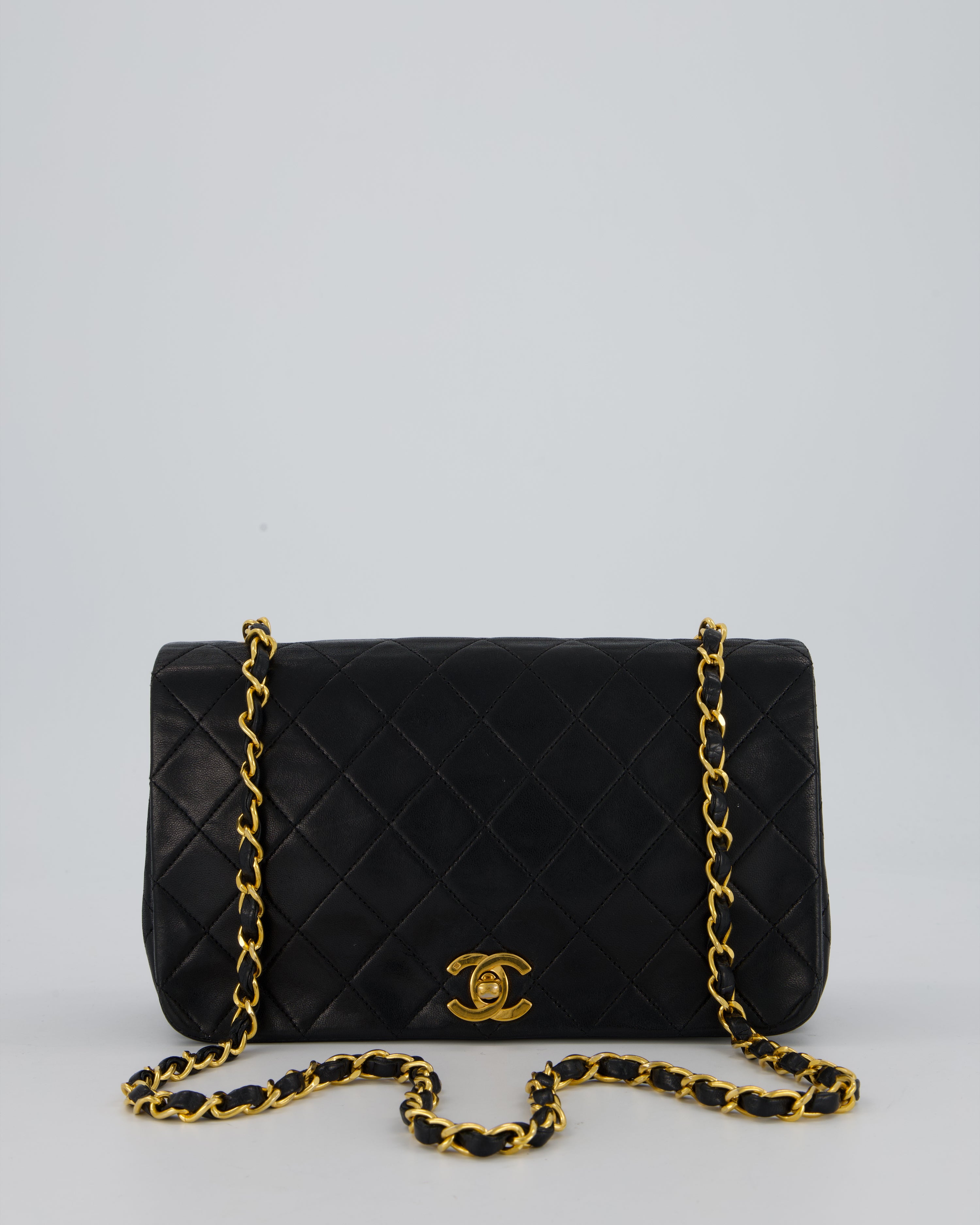 Chanel Vintage Black Full Flap Rectangular Bag in Lambskin Leather with 24K Gold Hardware