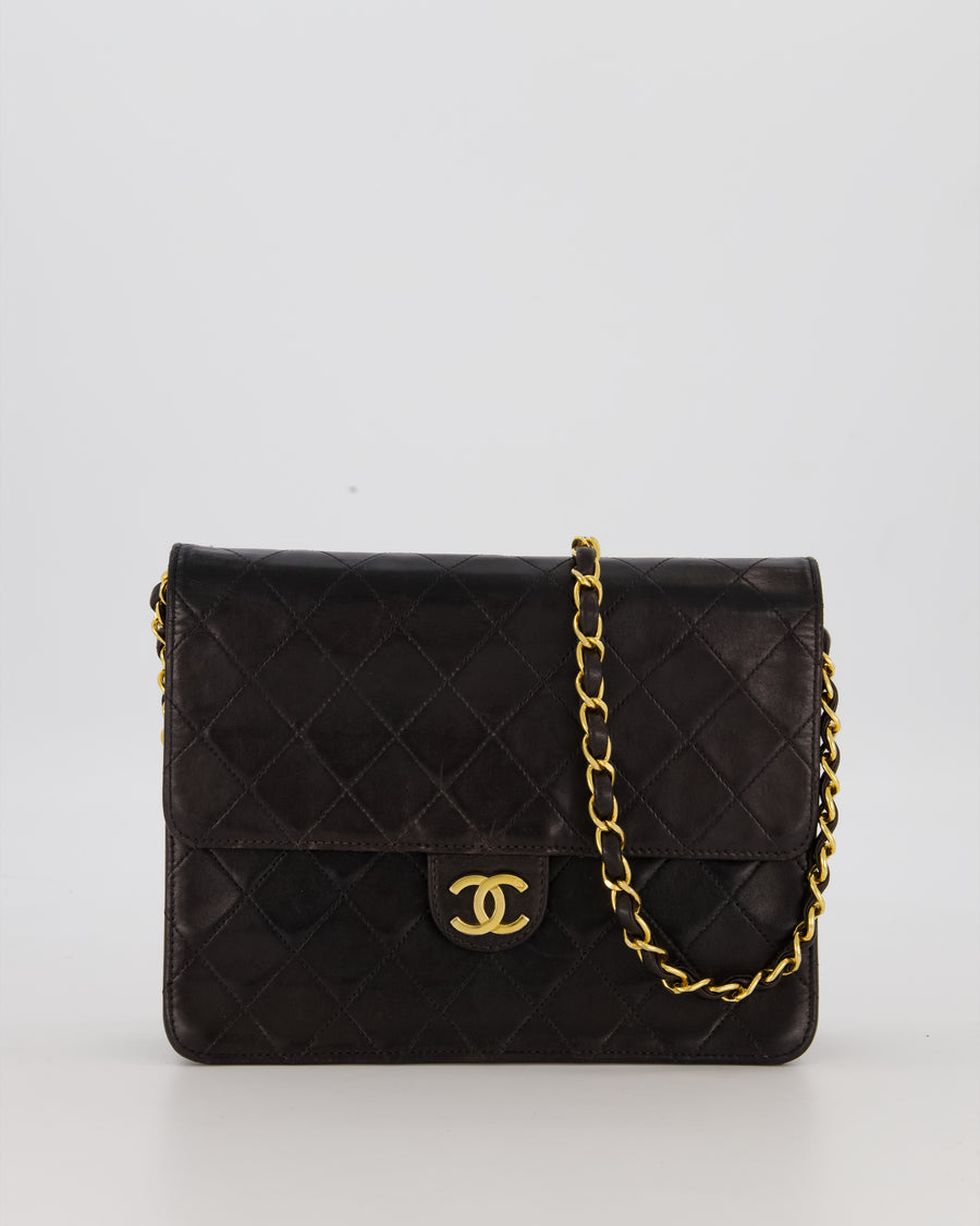 Chanel Vintage Small Square Single Flap Bag in Dark Brown Lambskin Leather with 24K Gold Hardware