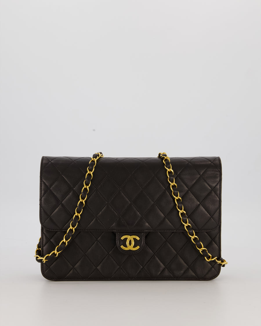 Chanel Vintage Medium Square Single Flap Bag in Black Lambskin Leather with 24K Gold Hardware