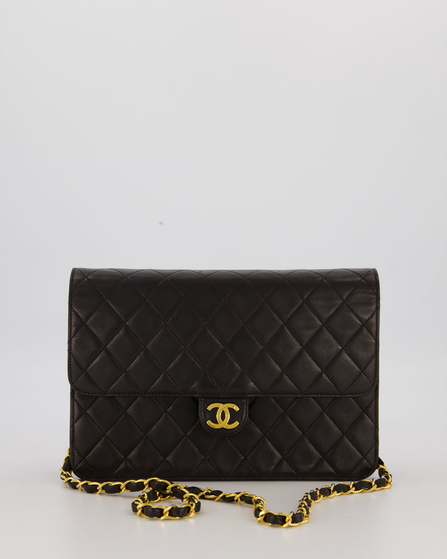 Chanel Vintage Medium Square Single Flap Bag in Black Lambskin Leather with 24K Gold Hardware