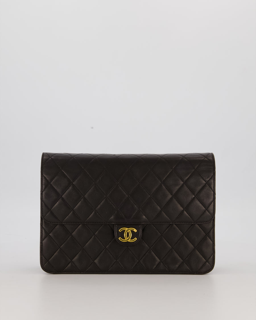 Chanel Vintage Medium Square Single Flap Bag in Black Lambskin Leather with 24K Gold Hardware
