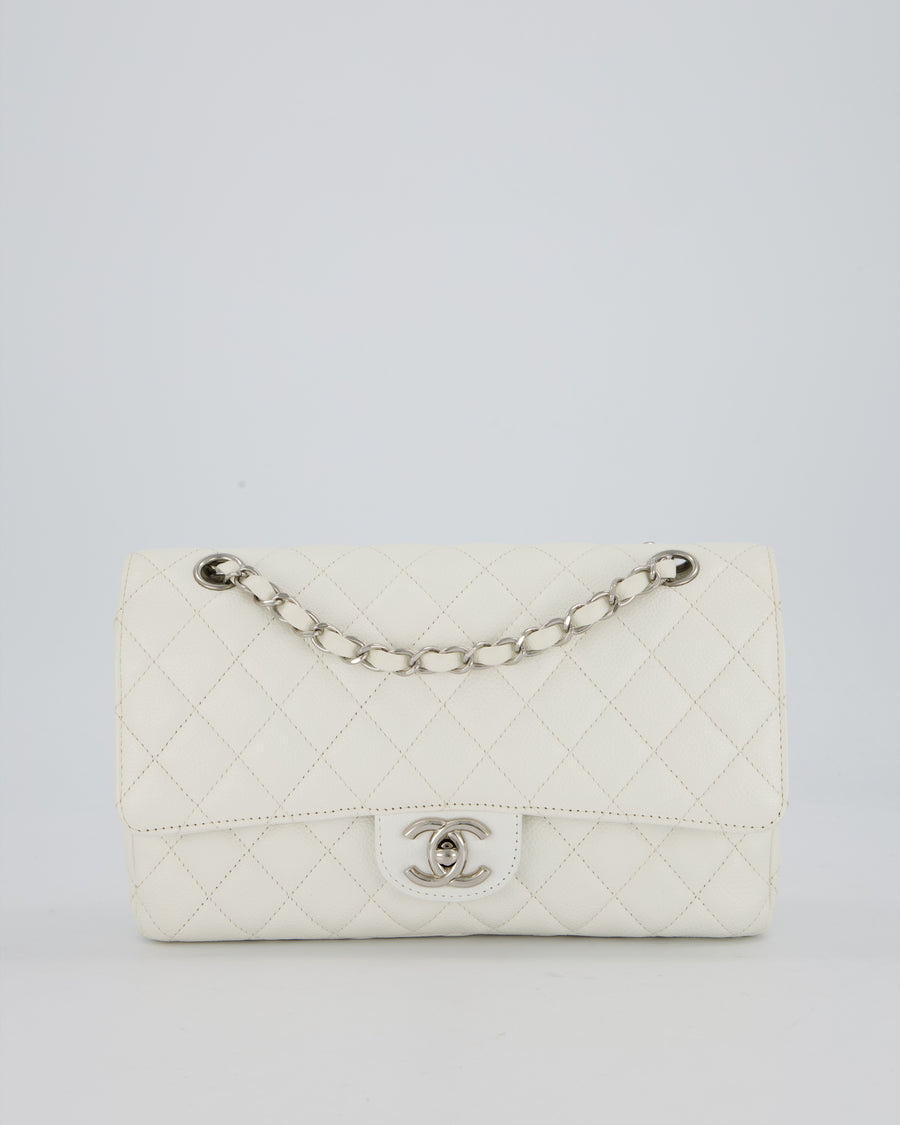 Chanel White Seasonal Double Flap Bag in Caviar Leather with Silver Hardware