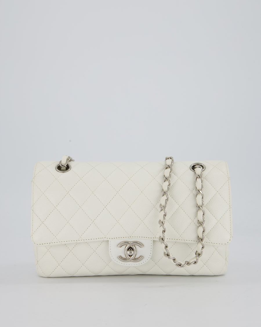 Chanel White Seasonal Double Flap Bag in Caviar Leather with Silver Hardware