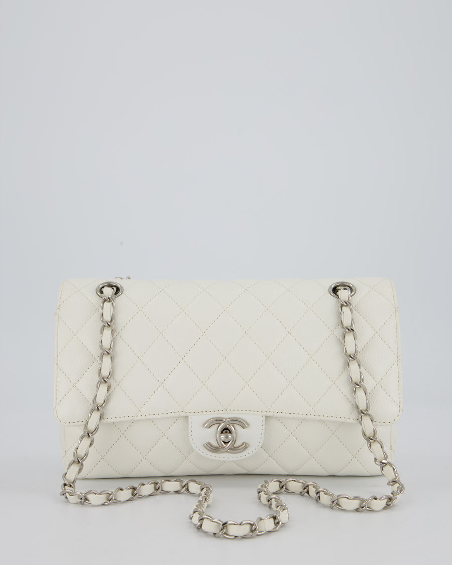 Chanel White Seasonal Double Flap Bag in Caviar Leather with Silver Hardware