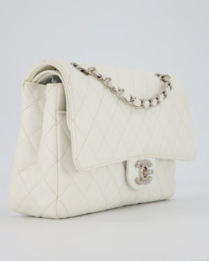 Chanel White Seasonal Double Flap Bag in Caviar Leather with Silver Hardware