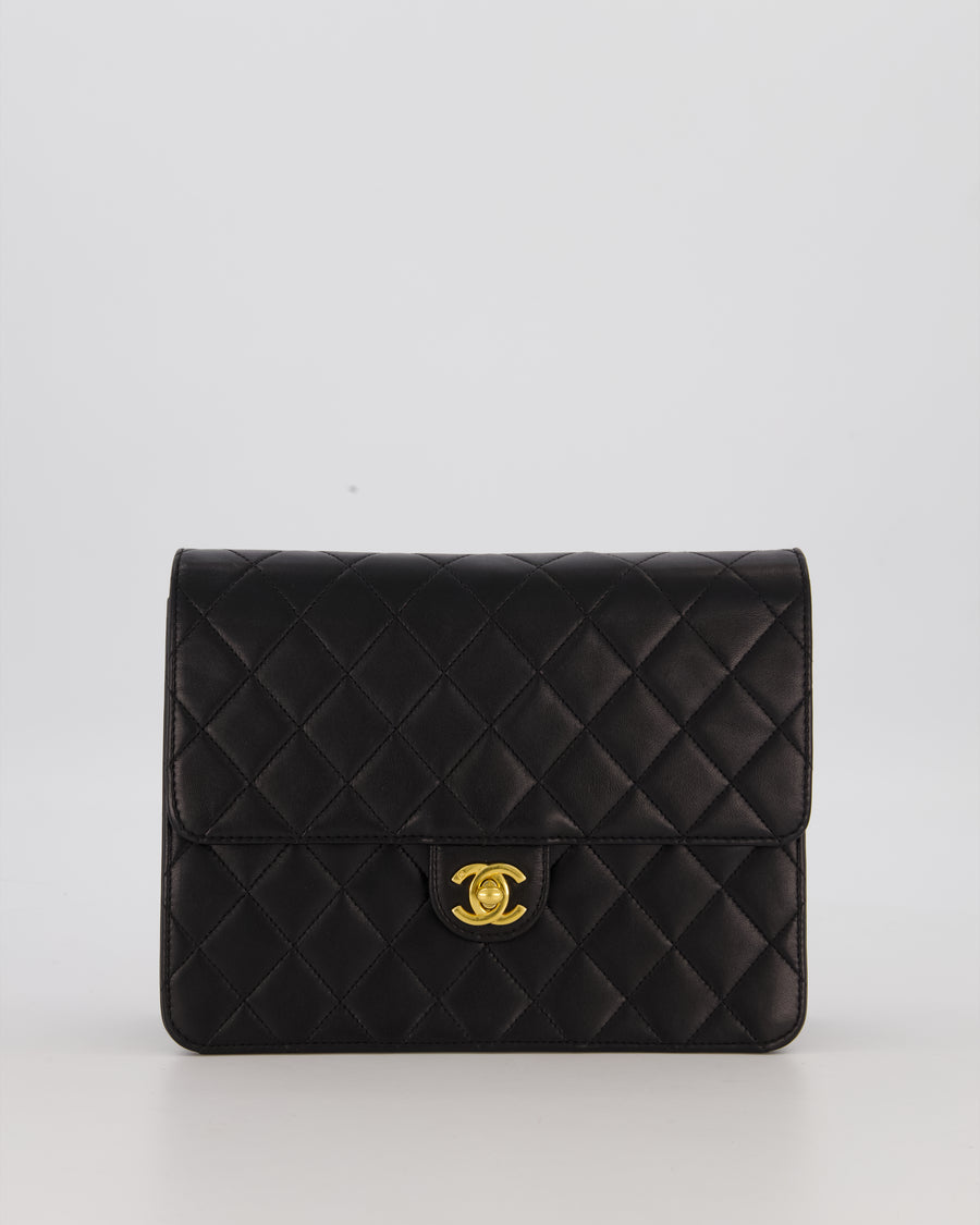 Chanel Vintage Small Square Single Flap Bag in Black Lambskin Leather with 24K CC Turn Lock Gold Hardware