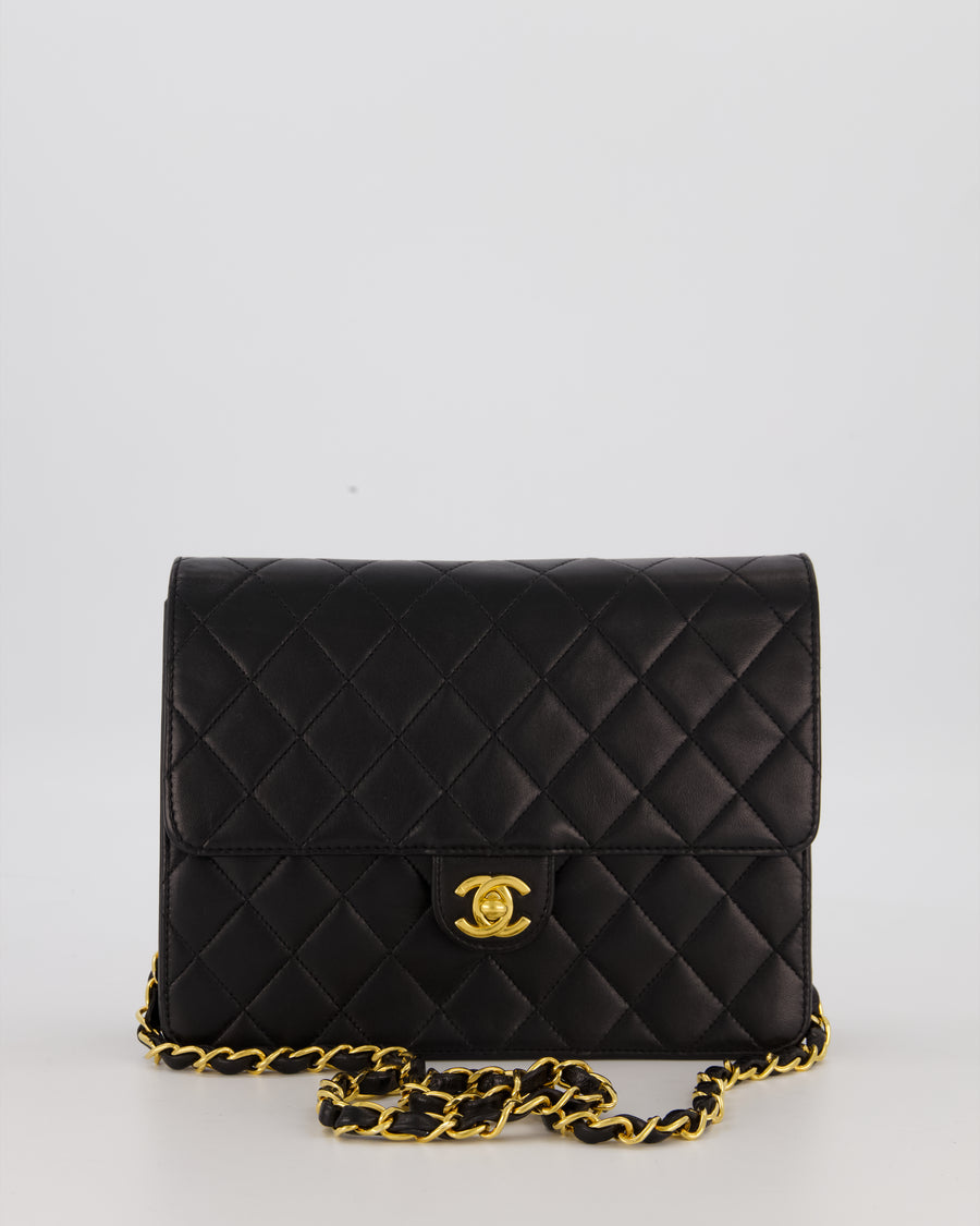 Chanel Vintage Small Square Single Flap Bag in Black Lambskin Leather with 24K CC Turn Lock Gold Hardware