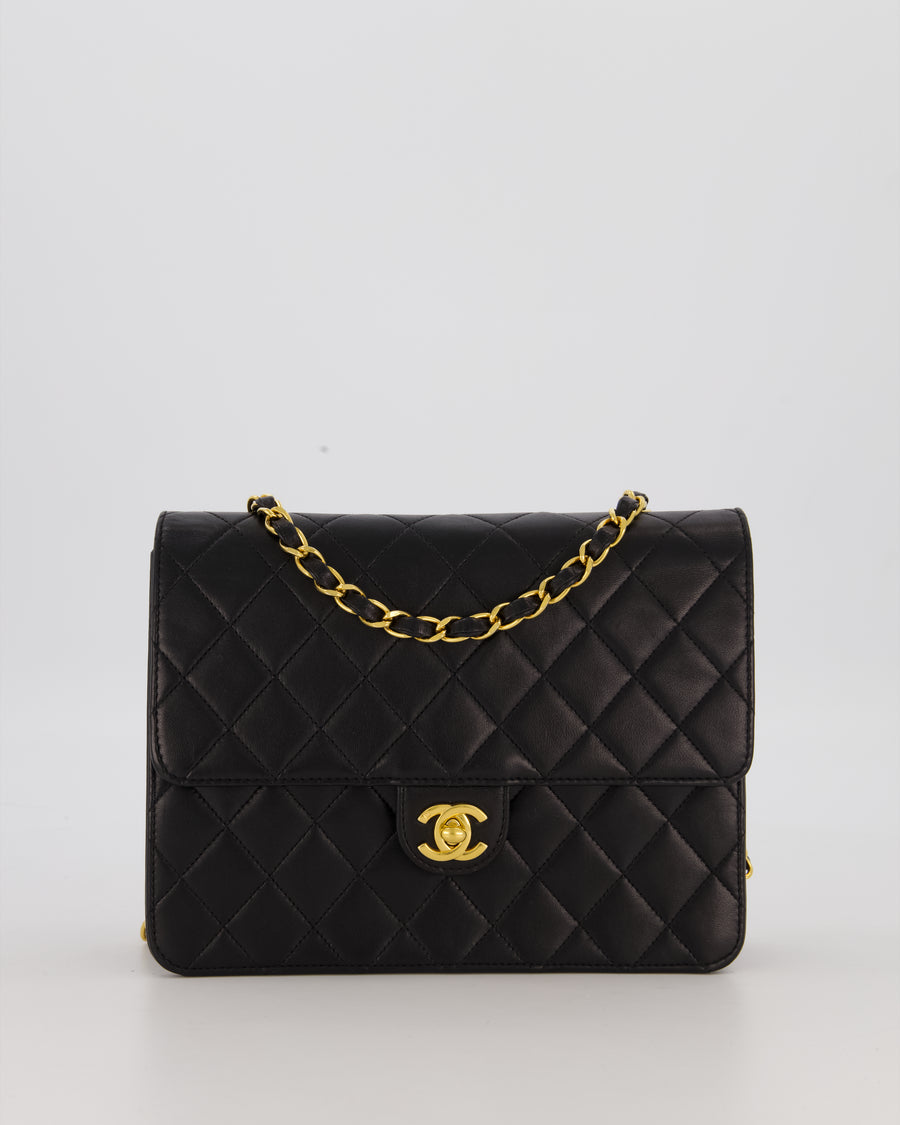 Chanel Vintage Small Square Single Flap Bag in Black Lambskin Leather with 24K CC Turn Lock Gold Hardware