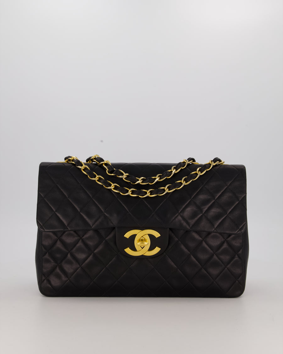 Chanel Black Vintage Maxi Jumbo XL Single Flap Bag in Lambskin with 24K Gold Hardware