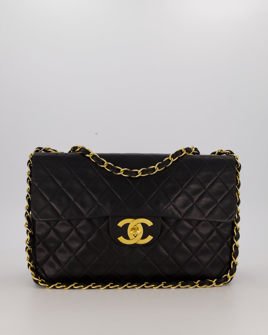 Chanel Black Vintage Maxi Jumbo XL Single Flap Bag in Lambskin with 24K Gold Hardware