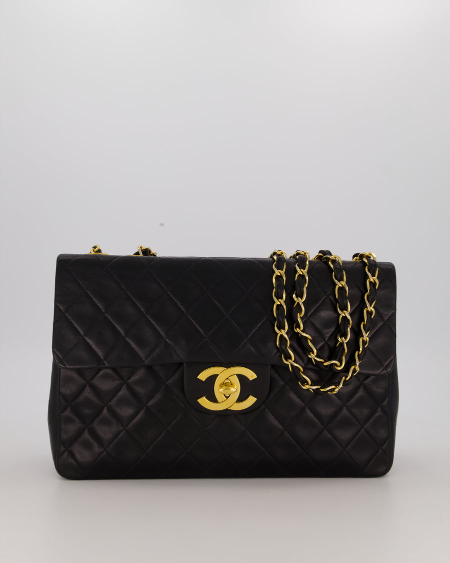 Chanel Black Vintage Maxi Jumbo XL Single Flap Bag in Lambskin with 24K Gold Hardware