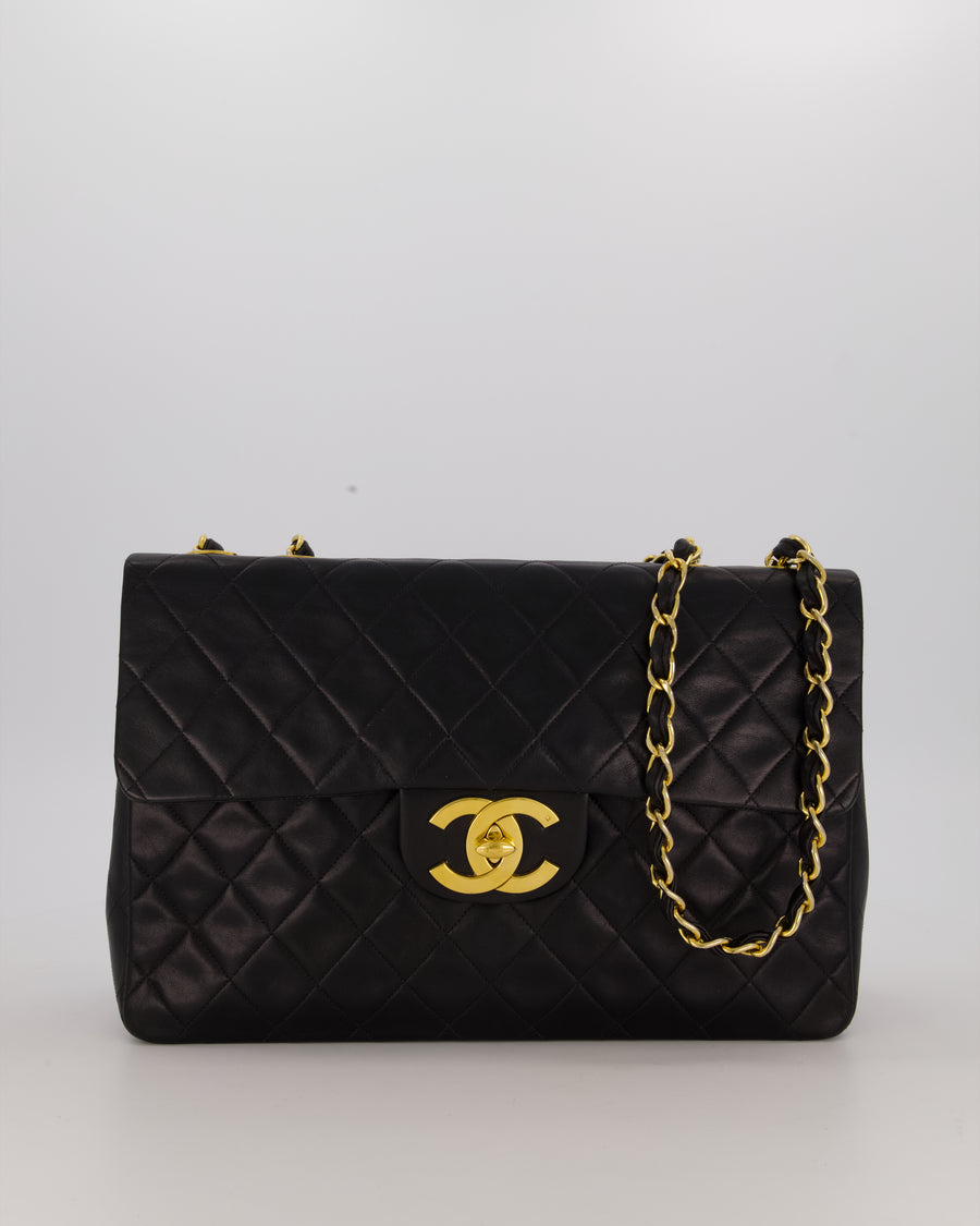 Chanel Black Vintage Maxi Jumbo XL Single Flap Bag in Lambskin with 24K Gold Hardware