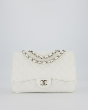 Chanel White Jumbo Classic Single Flap Bag in Caviar Leather with Silver Hardware