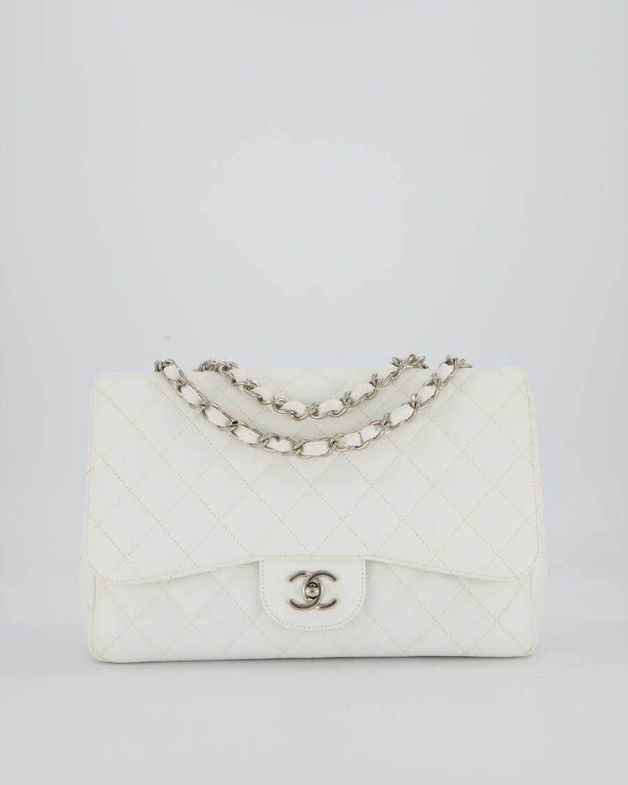 Chanel White Jumbo Classic Single Flap Bag in Caviar Leather with Silver Hardware
