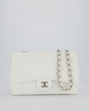 Chanel White Jumbo Classic Single Flap Bag in Caviar Leather with Silver Hardware
