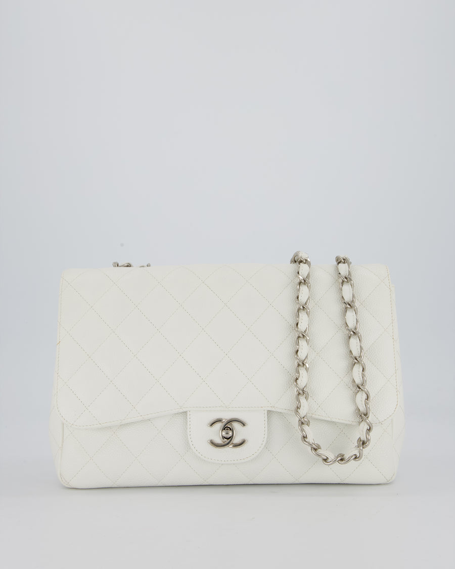 Chanel White Jumbo Classic Single Flap Bag in Caviar Leather with Silver Hardware