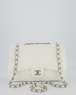 Chanel White Jumbo Classic Single Flap Bag in Caviar Leather with Silver Hardware